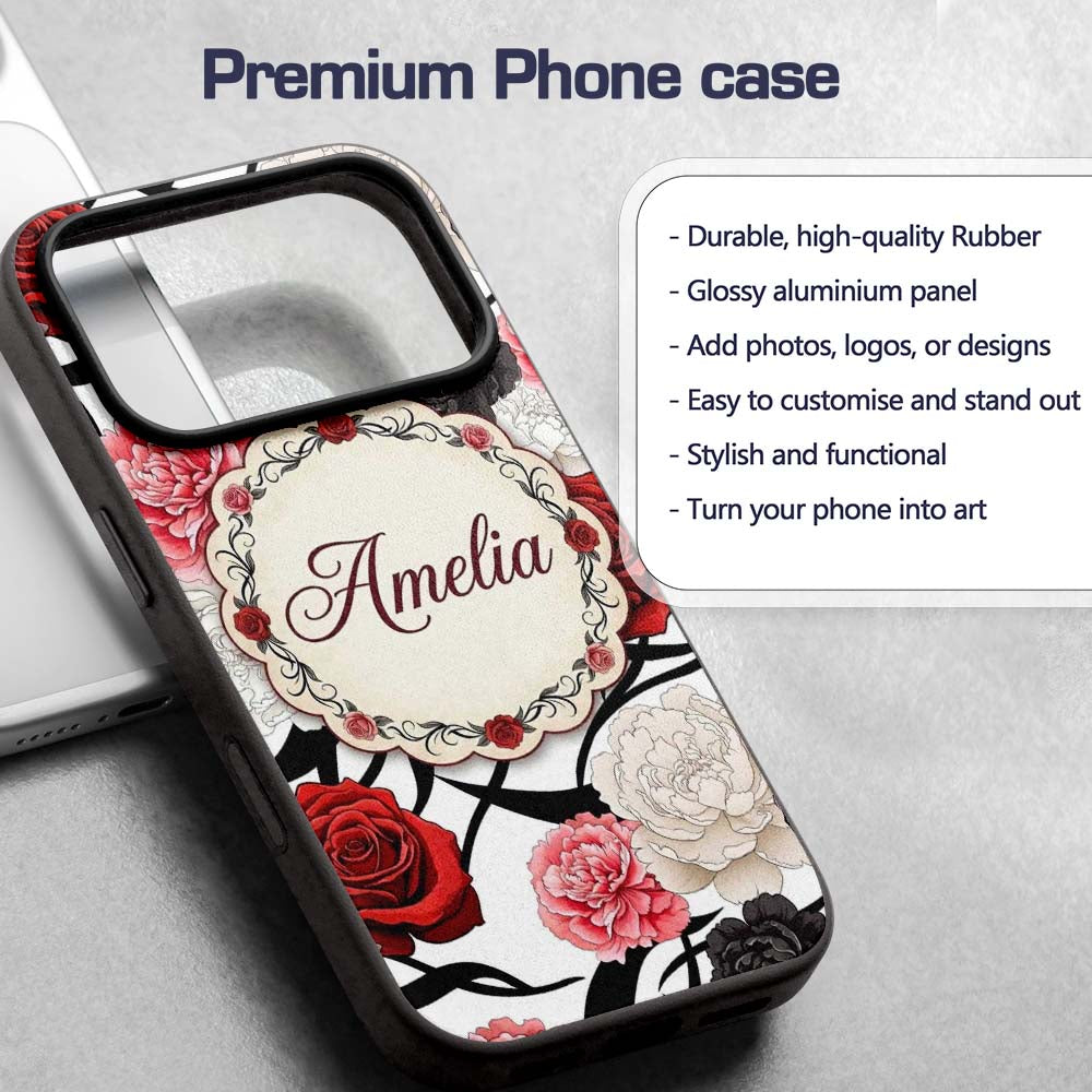 Grey Background Red Black White Roses Peonies Custom Name Protective Phone Case Mobile Cover Durable Everyday Smartphone Shock Resistant