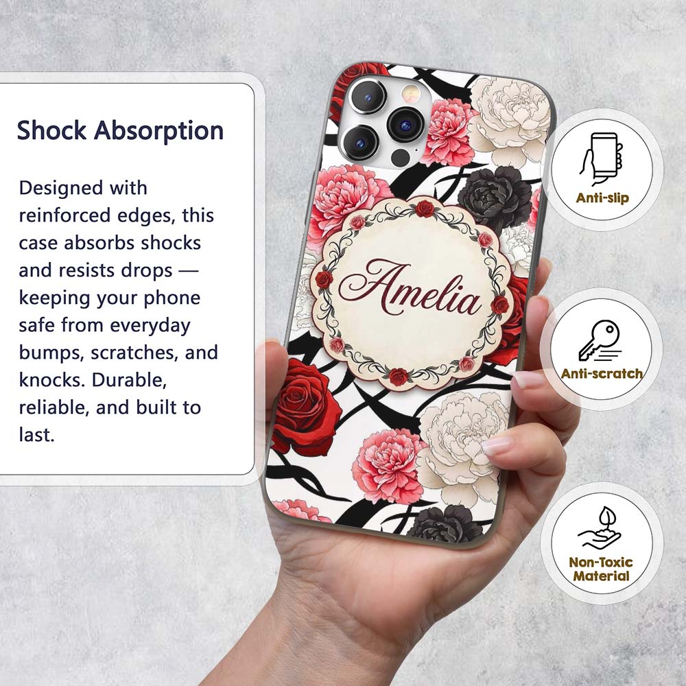 Grey Background Red Black White Roses Peonies Custom Name Protective Phone Case Mobile Cover Durable Everyday Smartphone Shock Resistant