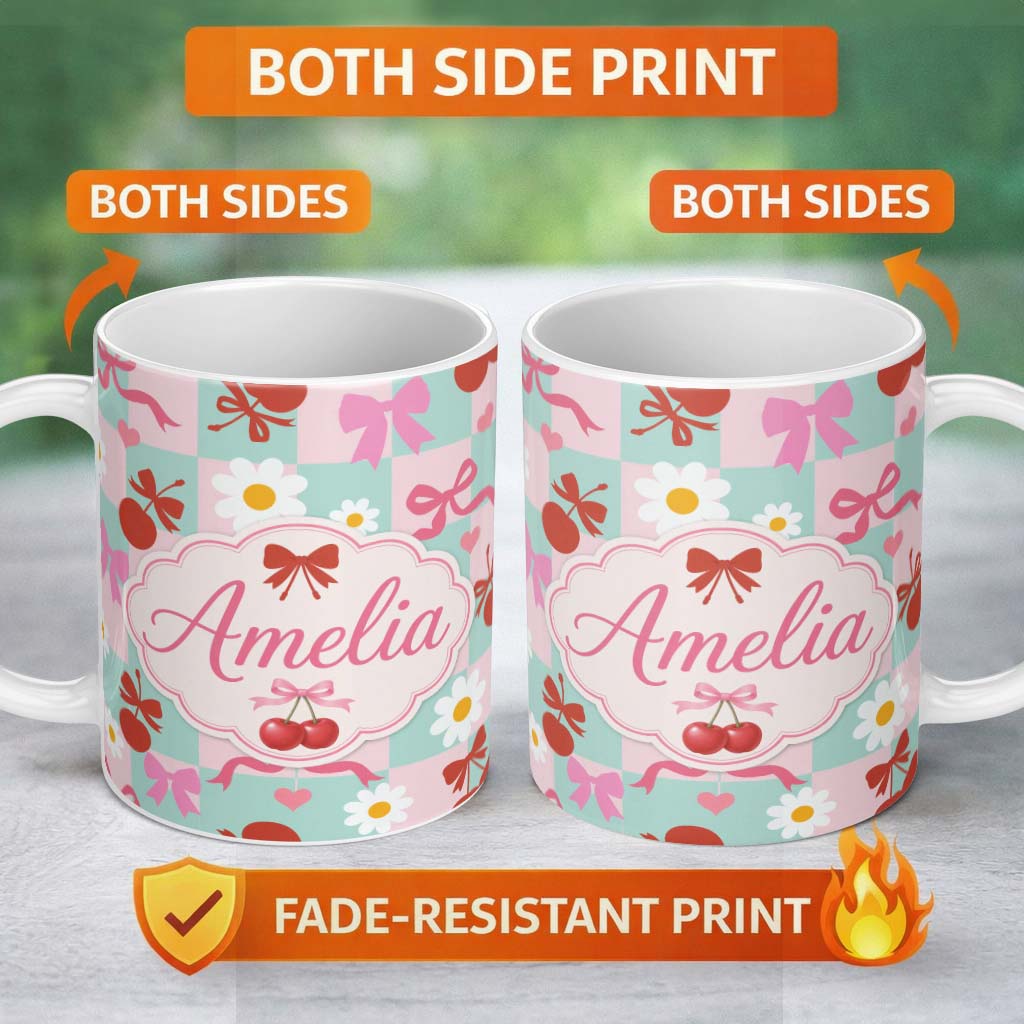 Personalized Custom Name Cute Cherry Bow Daisy Heart Seamless on Mint and Pink Gingham Lovely 11oz Ceramic Coffee Tea Mug White Large Handle