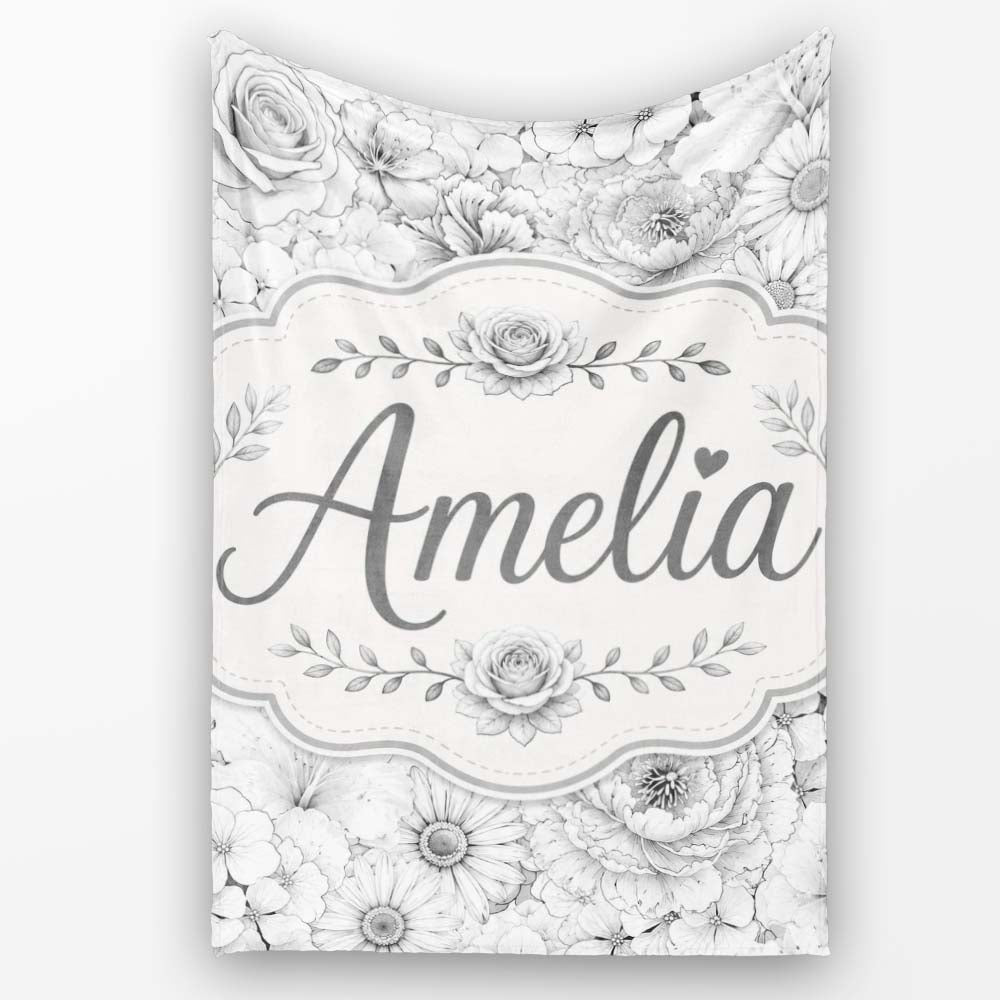 Monochrome Floral Line Art Mixed Flowers Seamless Pattern Elegant Personalised Custom Name Super Soft Fleece Blanket Bed Sofa Throw