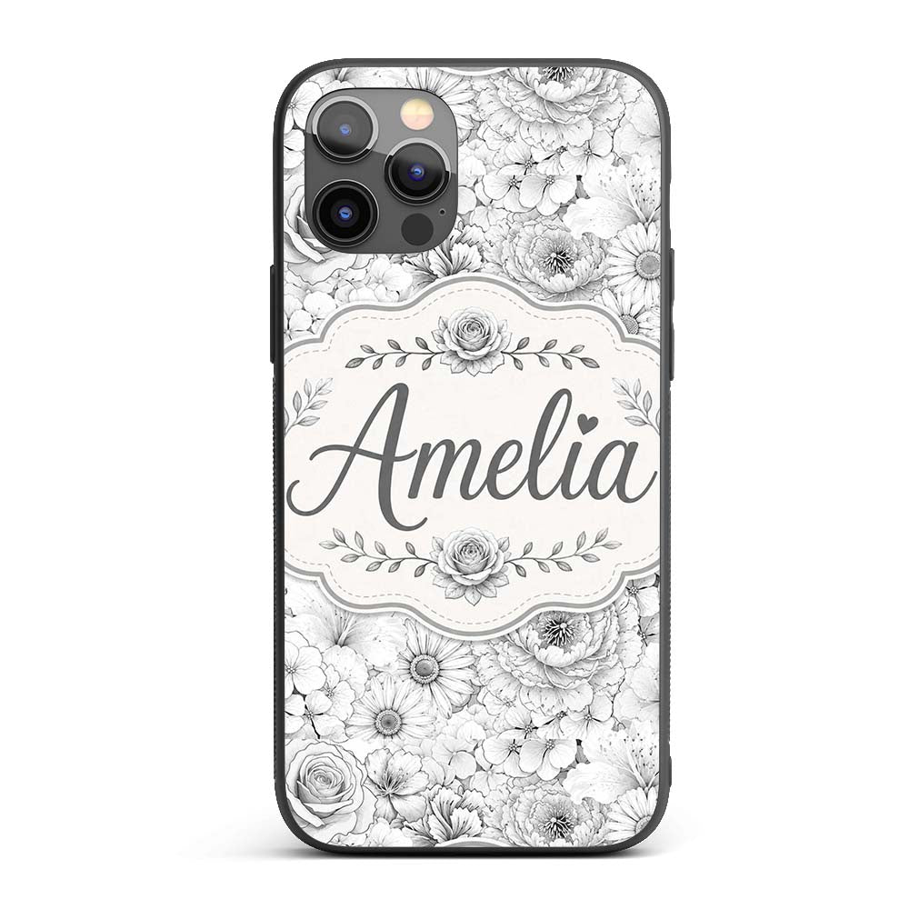 Monochrome Floral Line Art Mixed Flowers Seamless Custom Name Protective Phone Case Mobile Cover Durable Everyday Smartphone Shock Resistant