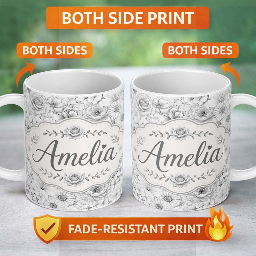 Personalized Custom Name Monochrome Floral Line Art Mixed Flowers Seamless Pattern Elegant 11oz Ceramic Coffee Tea Mug White Large Handle