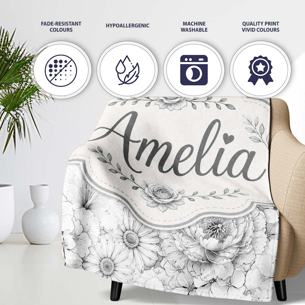 Monochrome Floral Line Art Mixed Flowers Seamless Pattern Elegant Personalised Custom Name Super Soft Fleece Blanket Bed Sofa Throw