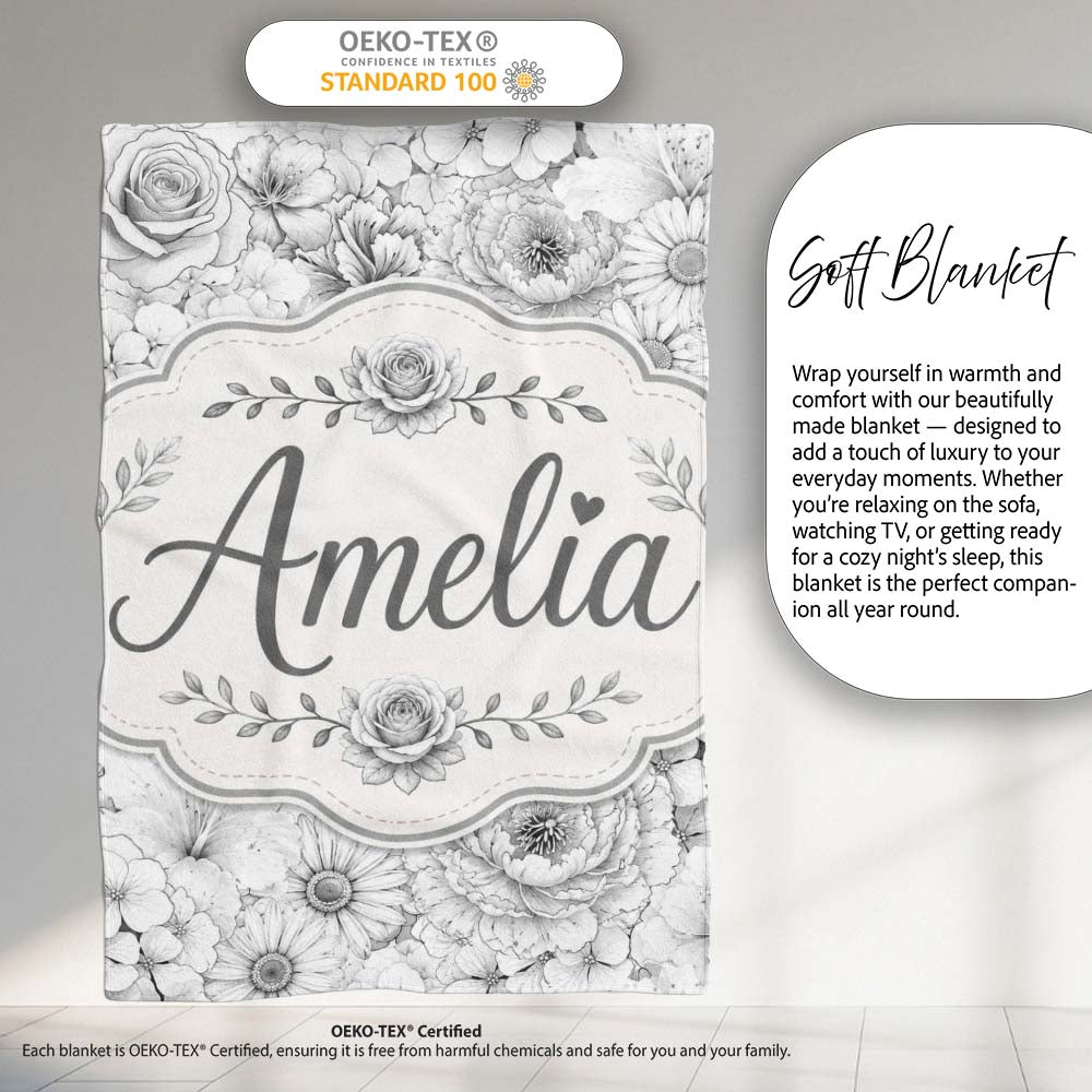 Monochrome Floral Line Art Mixed Flowers Seamless Pattern Elegant Personalised Custom Name Super Soft Fleece Blanket Bed Sofa Throw