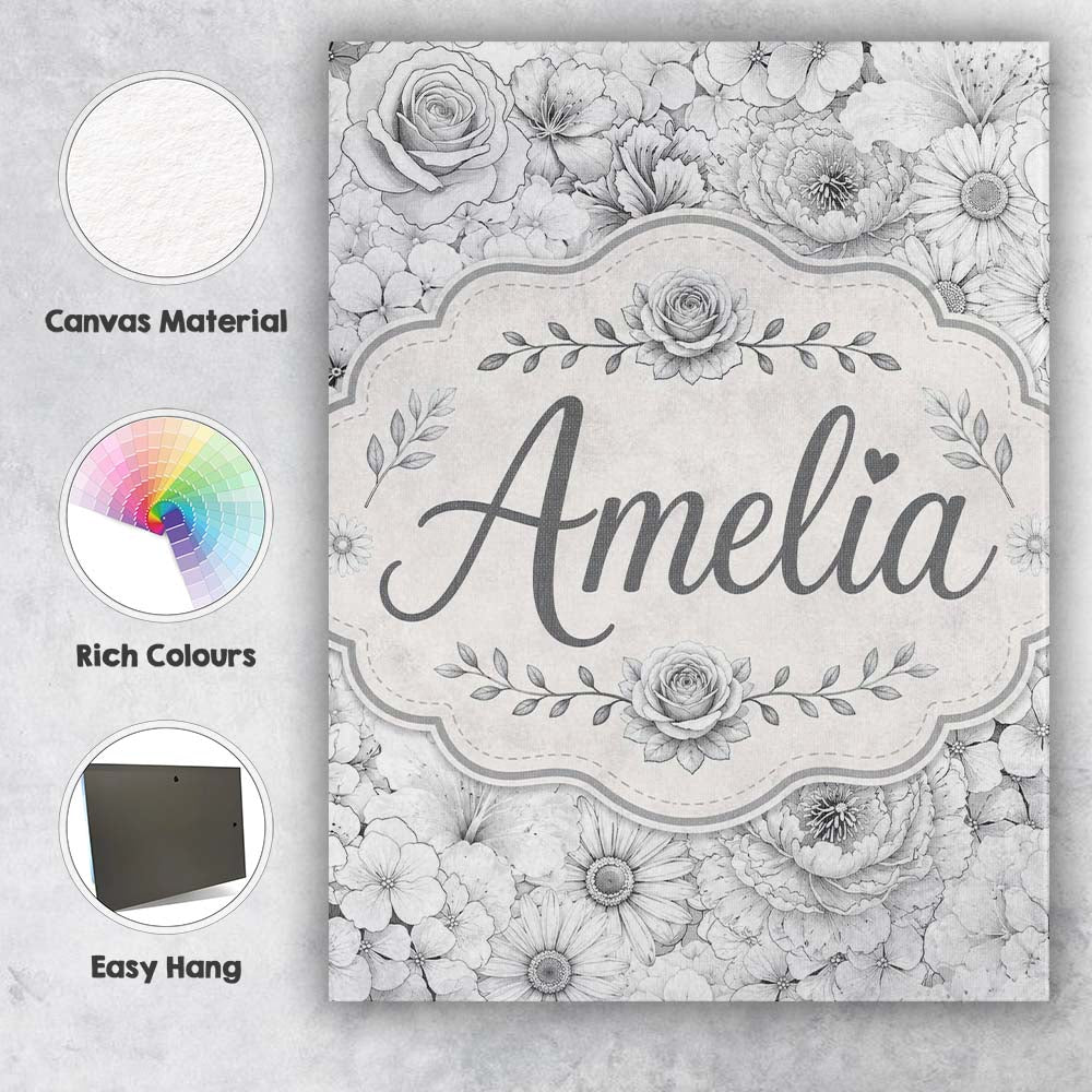 Personalised Name Monochrome Floral Line Custom Unique Gift Idea Elegant Feature Canvas Wall Art Print Decor Picture Ready to Hang