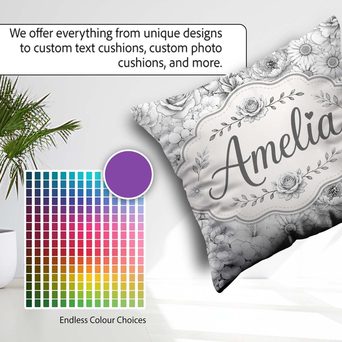 Custom Name Monochrome Floral Art Mixed Flowers Seamless Pattern Square Filled Cushion Throw Pillow Sofa Bed Home Decor Zip Washable UK Made