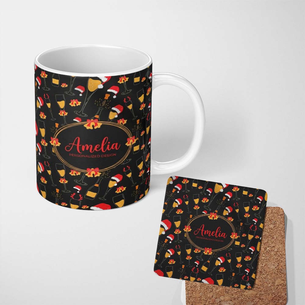 Personalized Custom Name Festive Champagne Glass Santa Hat Bells Seamless Pattern Lovely 11oz Ceramic Coffee Tea Mug White Large Handle