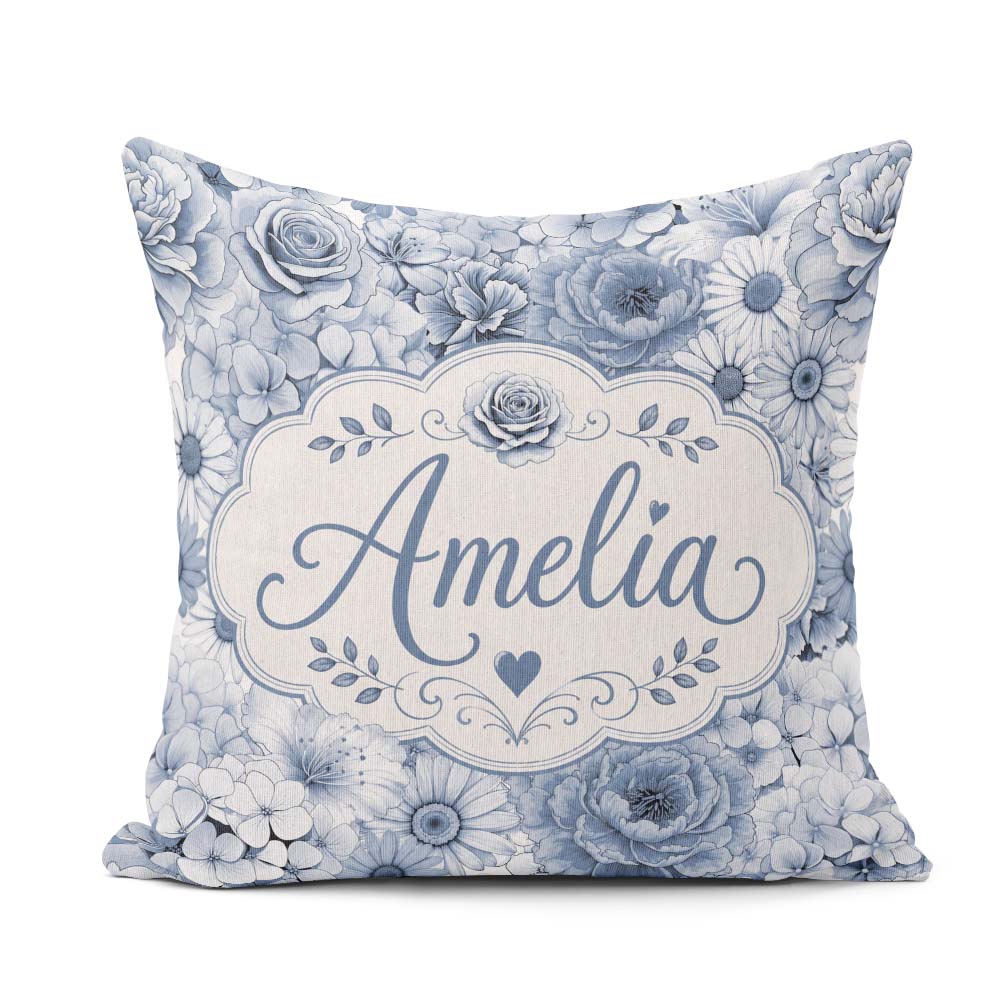 Custom Name Blue Tinted Floral Line Art Seamless Pattern Elegant Square Filled Cushion Throw Pillow Sofa Bed Home Decor Zip Washable UK Made