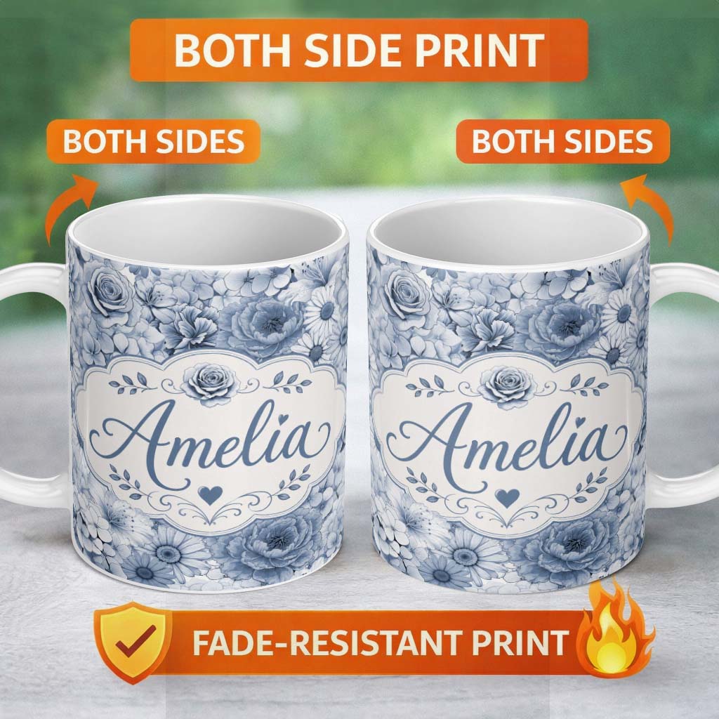 Personalized Custom Name Blue Tinted Monochrome Floral Line Art Seamless Pattern Elegant 11oz Ceramic Coffee Tea Mug White Large Handle