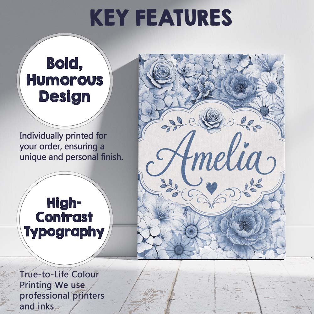 Personalised Name Blue Tinted Monochrome Custom Unique Gift Idea Elegant Feature Canvas Wall Art Print Decor Picture Ready to Hang