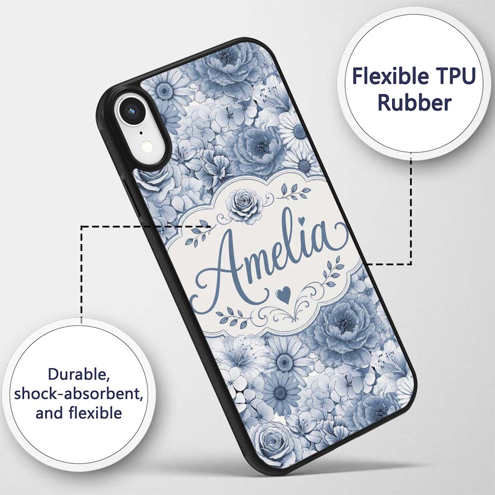 Blue Tinted Monochrome Floral Line Art Seamless Custom Name Protective Phone Case Mobile Cover Durable Everyday Smartphone Shock Resistant