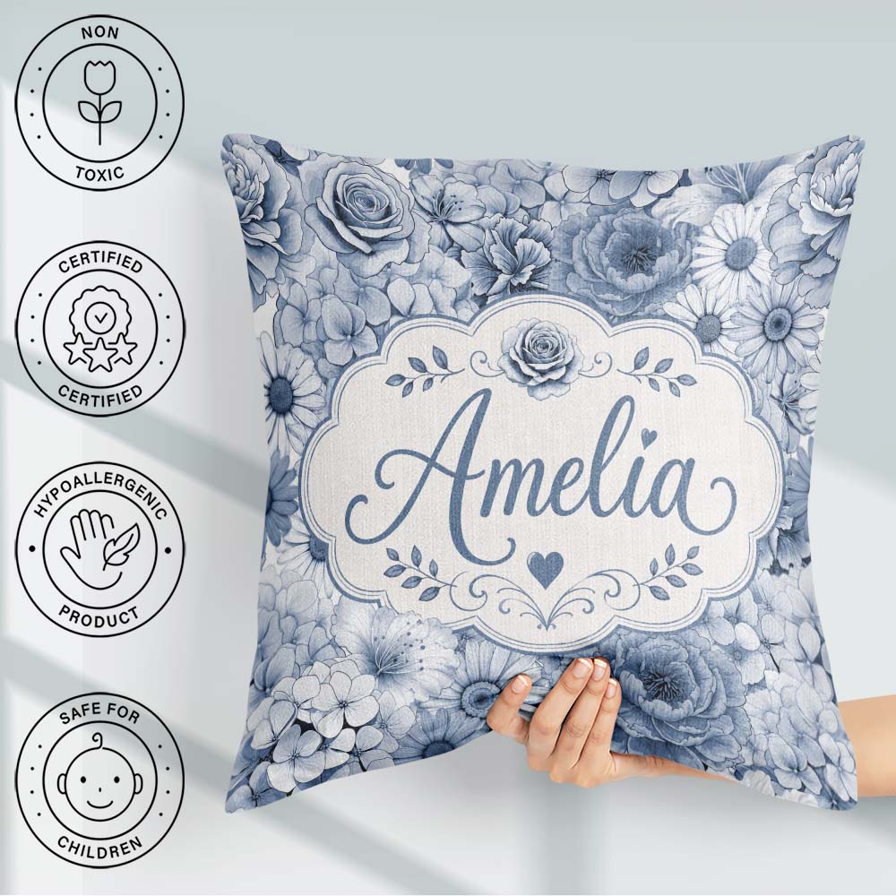 Custom Name Blue Tinted Floral Line Art Seamless Pattern Elegant Square Filled Cushion Throw Pillow Sofa Bed Home Decor Zip Washable UK Made