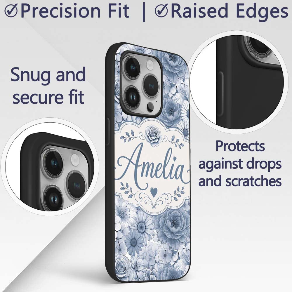 Blue Tinted Monochrome Floral Line Art Seamless Custom Name Protective Phone Case Mobile Cover Durable Everyday Smartphone Shock Resistant