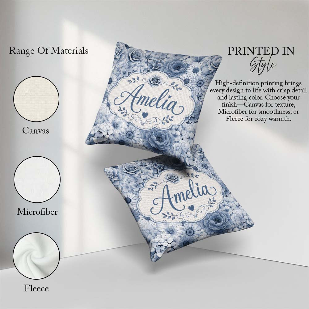 Custom Name Blue Tinted Floral Line Art Seamless Pattern Elegant Square Filled Cushion Throw Pillow Sofa Bed Home Decor Zip Washable UK Made