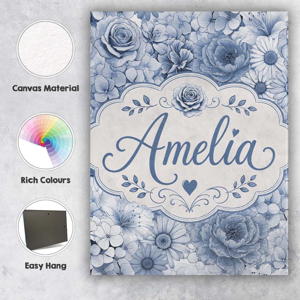 Personalised Name Blue Tinted Monochrome Custom Unique Gift Idea Elegant Feature Canvas Wall Art Print Decor Picture Ready to Hang