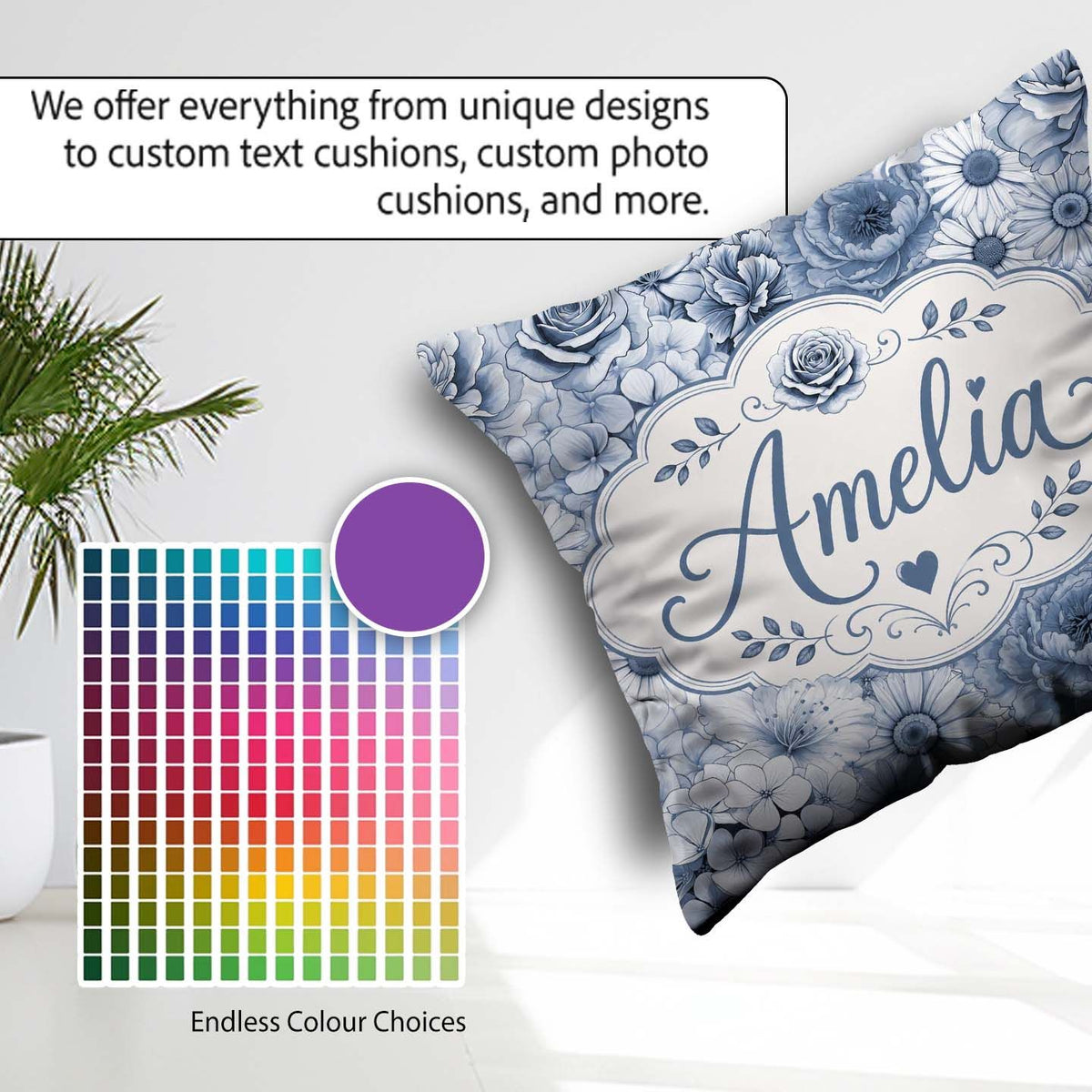 Custom Name Blue Tinted Floral Line Art Seamless Pattern Elegant Square Filled Cushion Throw Pillow Sofa Bed Home Decor Zip Washable UK Made