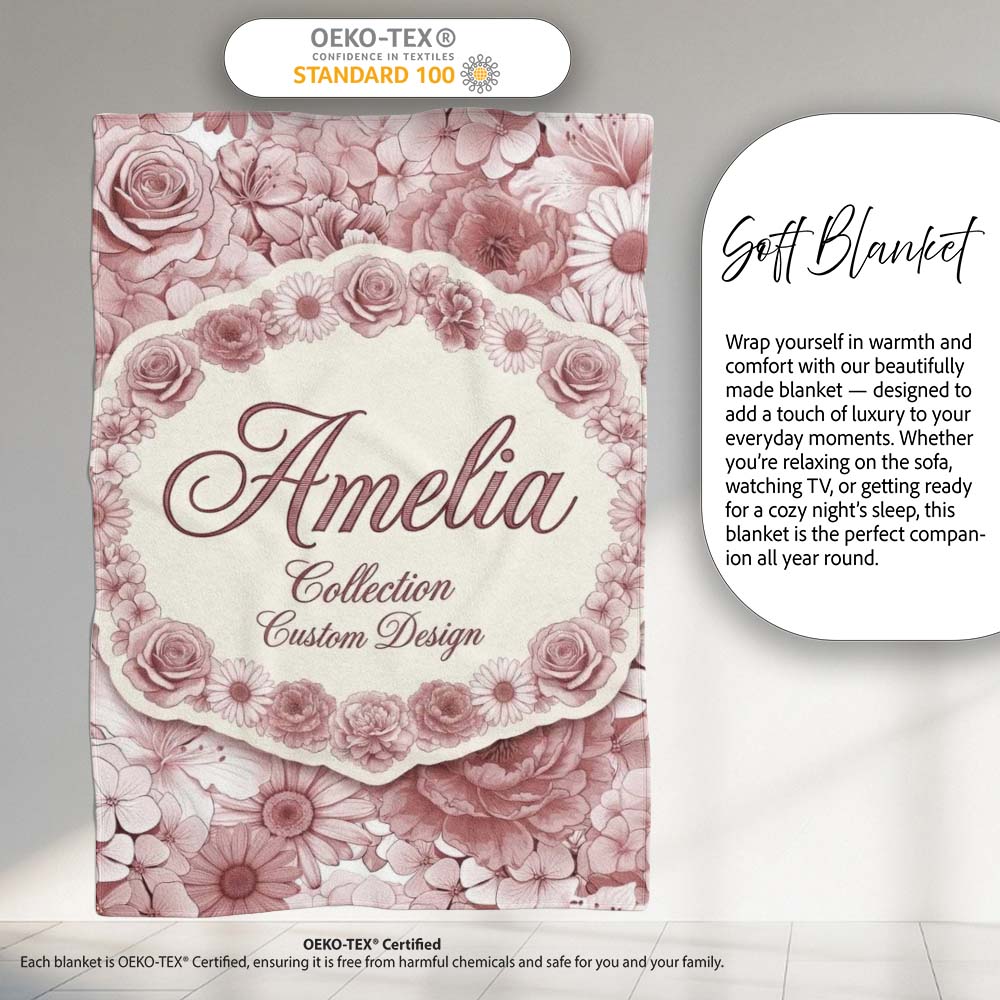 Vintage Monochrome Floral Roses Peonies and Daisies Seamless Personalised Custom Name Super Soft Fleece Blanket Bed Sofa Throw