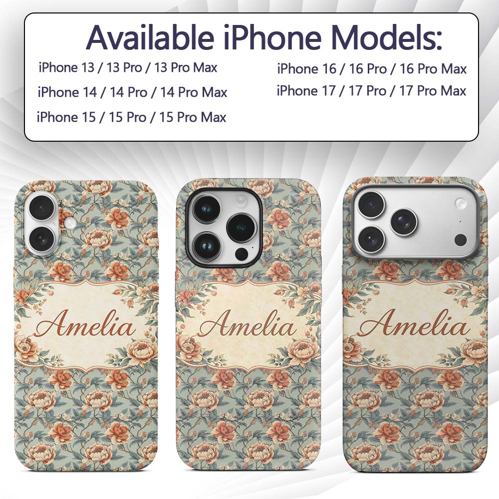 Elegant Coral Cream Peony Botanical Seamless Custom Name Protective Phone Case Mobile Cover Durable Everyday Smartphone Shock Resistant