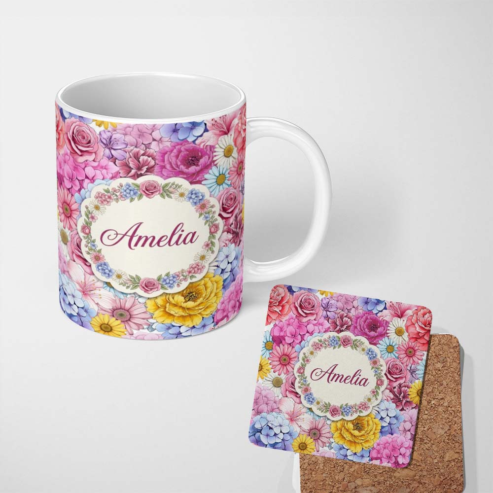 Personalized Custom Name Bright Colourful Mixed Floral Roses Peonies and Daisies Seamless 11oz Ceramic Coffee Tea Mug White Large Handle