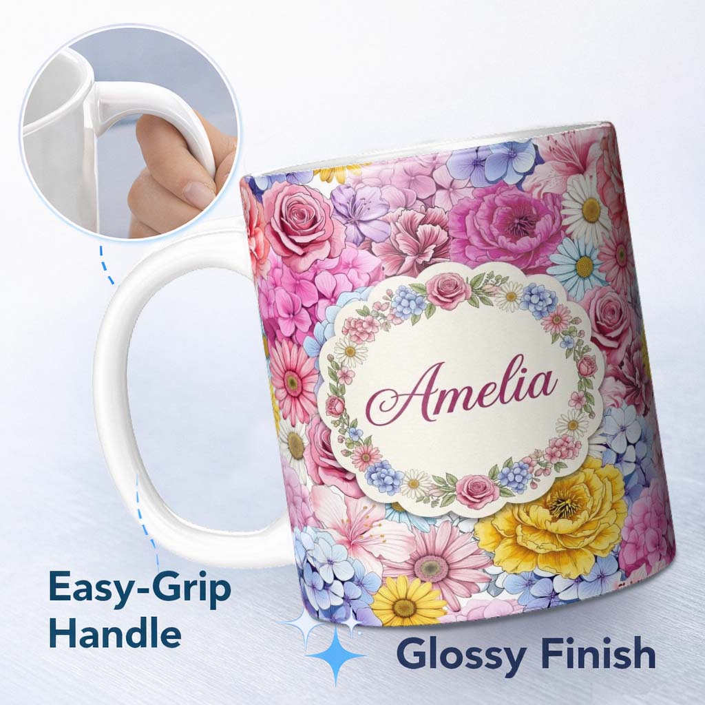 Personalized Custom Name Bright Colourful Mixed Floral Roses Peonies and Daisies Seamless 11oz Ceramic Coffee Tea Mug White Large Handle