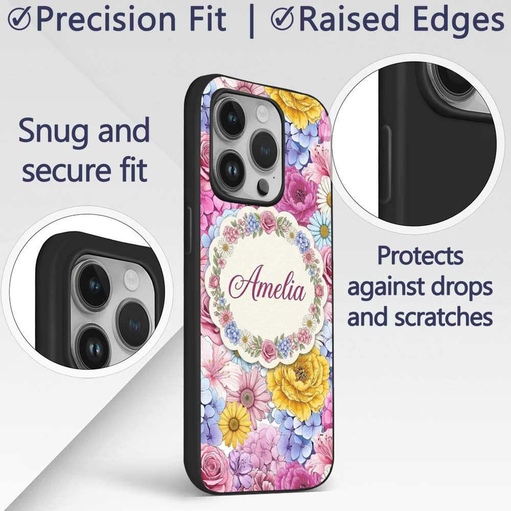 Bright Colourful Mixed Floral Roses Peonies and Custom Name Protective Phone Case Mobile Cover Durable Everyday Smartphone Shock Resistant