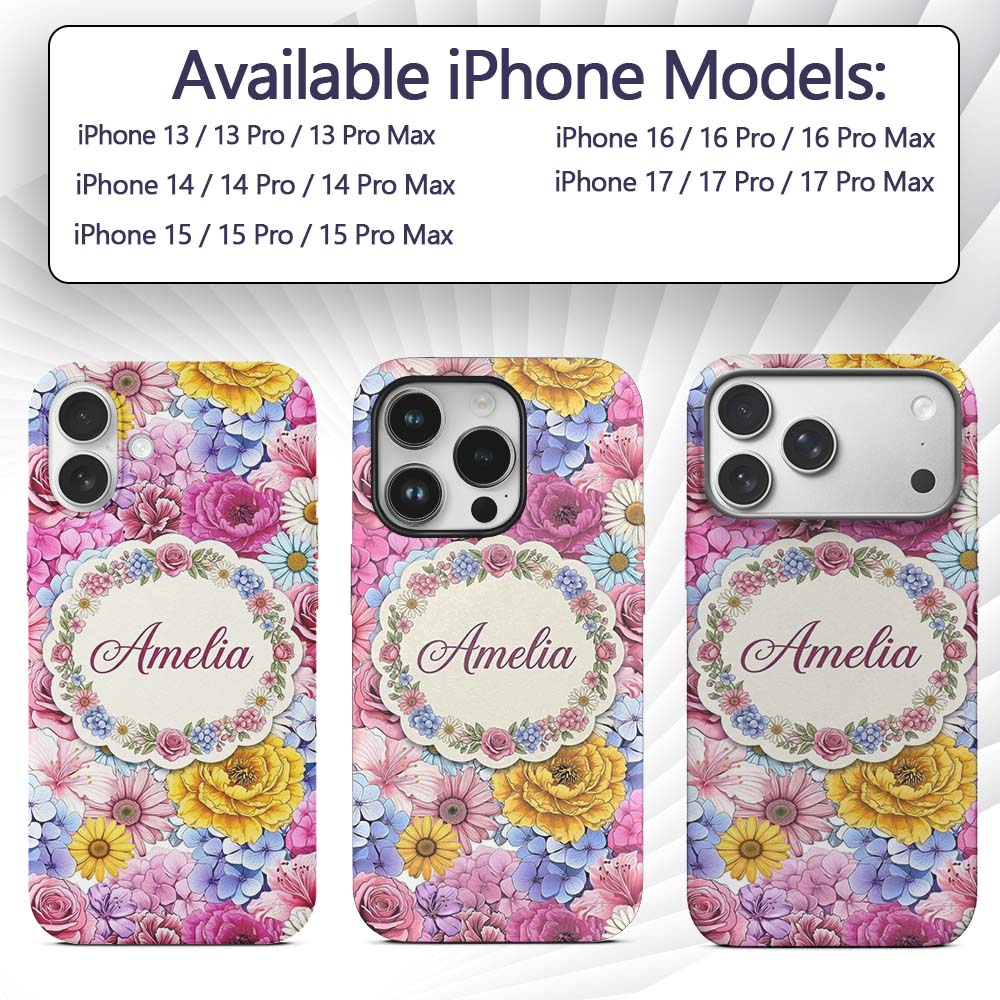 Bright Colourful Mixed Floral Roses Peonies and Custom Name Protective Phone Case Mobile Cover Durable Everyday Smartphone Shock Resistant