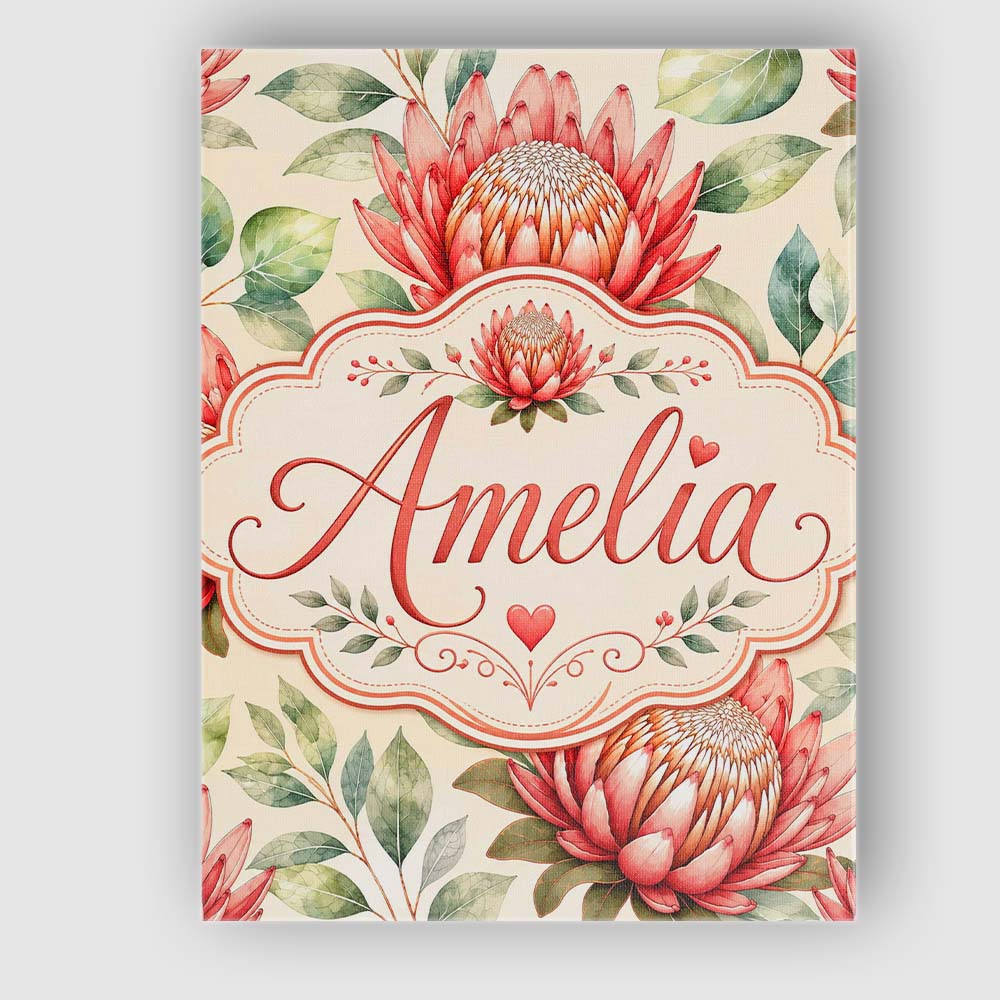 Personalised Name Protea Flower Botanical Custom Unique Gift Idea Elegant Feature Canvas Wall Art Print Decor Picture Ready to Hang