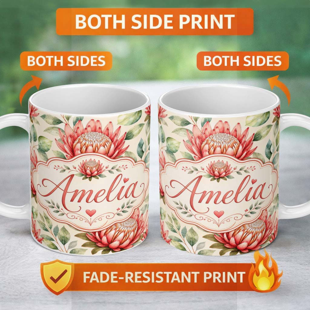 Personalized Custom Name Protea Flower Botanical Illustration Seamless Pattern Light 11oz Ceramic Coffee Tea Mug White Large Handle