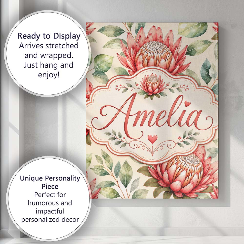 Personalised Name Protea Flower Botanical Custom Unique Gift Idea Elegant Feature Canvas Wall Art Print Decor Picture Ready to Hang