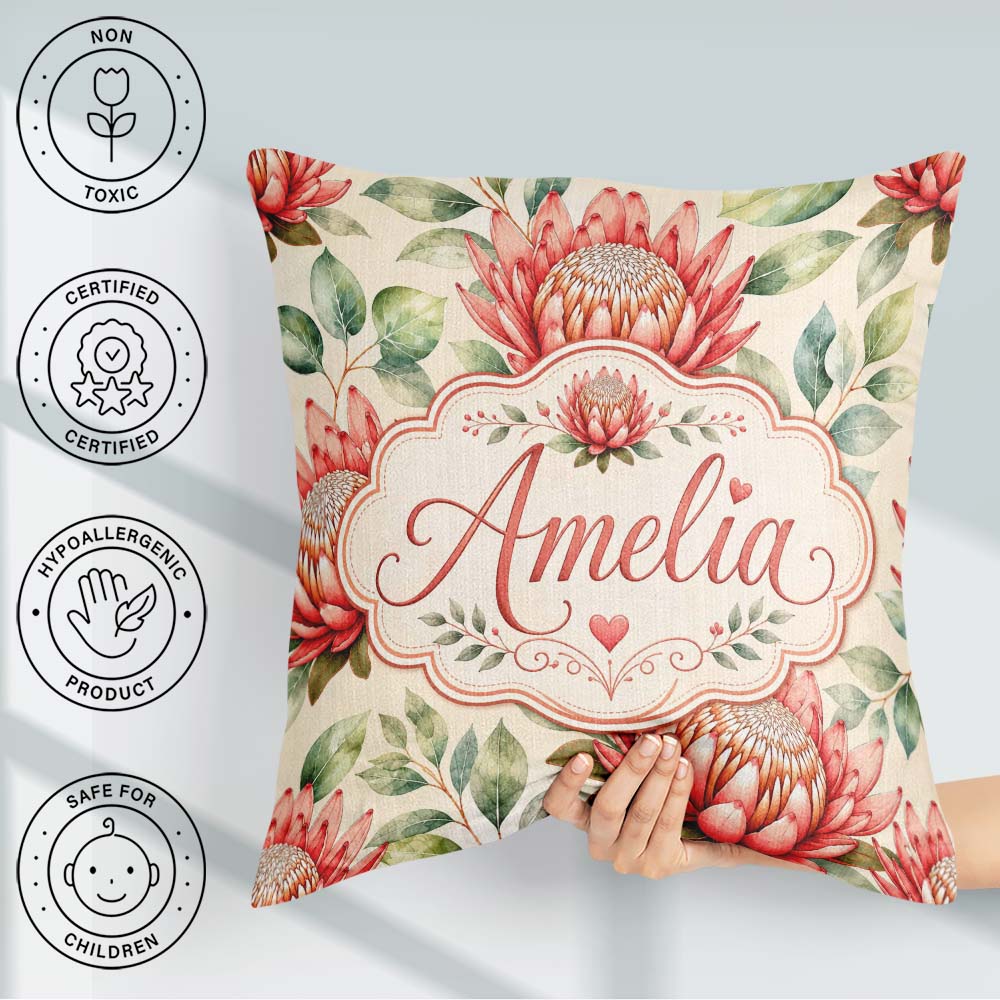 Custom Name Protea Botanical Illustration Seamless Pattern Light Square Filled Cushion Throw Pillow Sofa Bed Home Decor Zip Washable UK Made