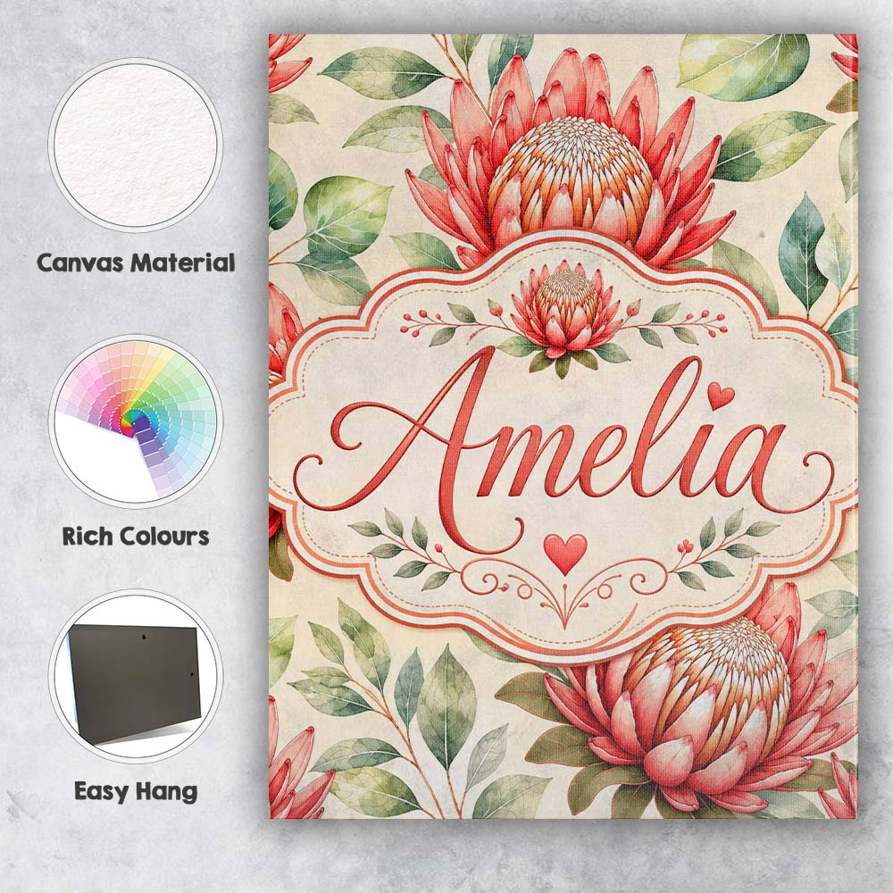 Personalised Name Protea Flower Botanical Custom Unique Gift Idea Elegant Feature Canvas Wall Art Print Decor Picture Ready to Hang