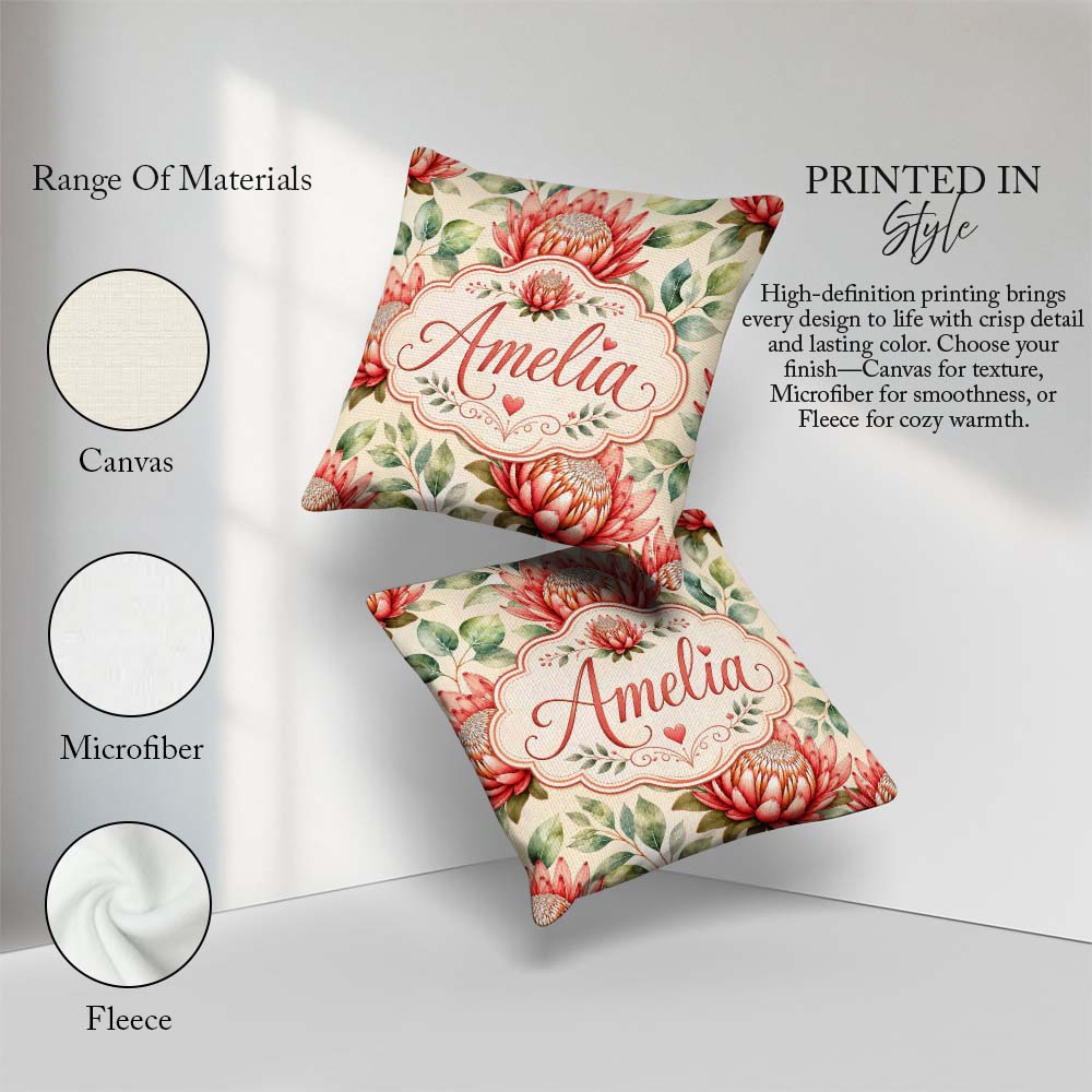 Custom Name Protea Botanical Illustration Seamless Pattern Light Square Filled Cushion Throw Pillow Sofa Bed Home Decor Zip Washable UK Made