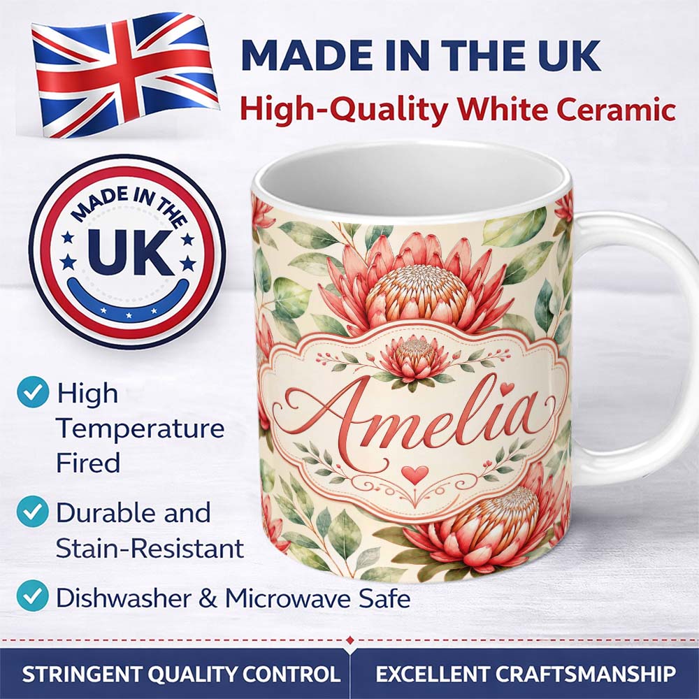 Personalized Custom Name Protea Flower Botanical Illustration Seamless Pattern Light 11oz Ceramic Coffee Tea Mug White Large Handle