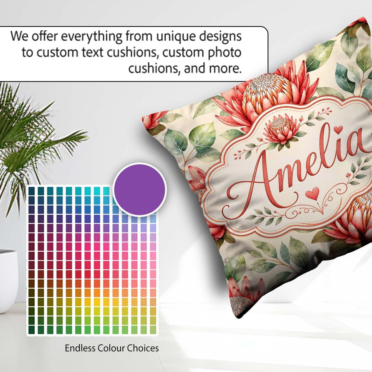 Custom Name Protea Botanical Illustration Seamless Pattern Light Square Filled Cushion Throw Pillow Sofa Bed Home Decor Zip Washable UK Made