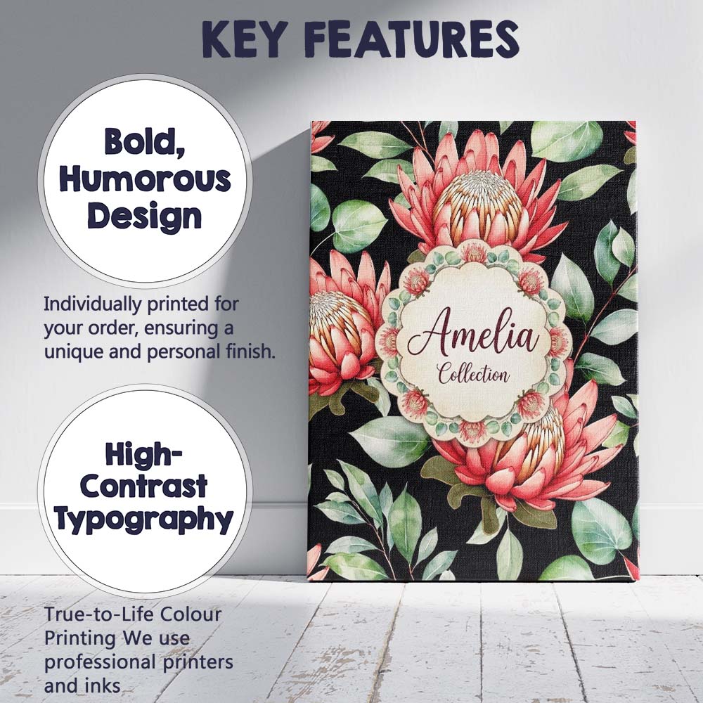 Personalised Name Protea Flower Botanical Custom Unique Gift Idea Elegant Feature Canvas Wall Art Print Decor Picture Ready to Hang