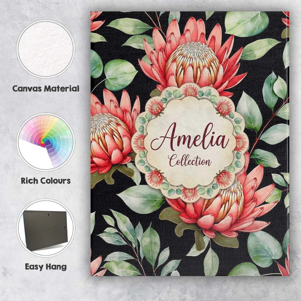 Personalised Name Protea Flower Botanical Custom Unique Gift Idea Elegant Feature Canvas Wall Art Print Decor Picture Ready to Hang