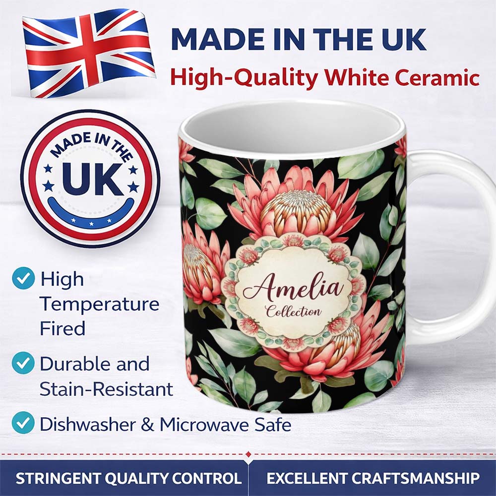 Personalized Custom Name Protea Flower Botanical Illustration Seamless Pattern Black 11oz Ceramic Coffee Tea Mug White Large Handle