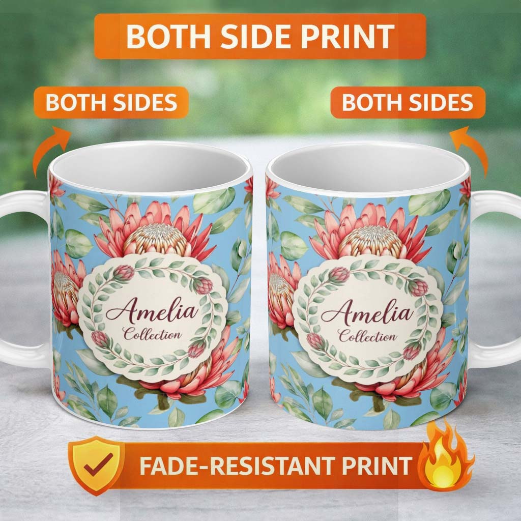 Personalized Custom Name Protea Flower Botanical Illustration Seamless Pattern Blue 11oz Ceramic Coffee Tea Mug White Large Handle