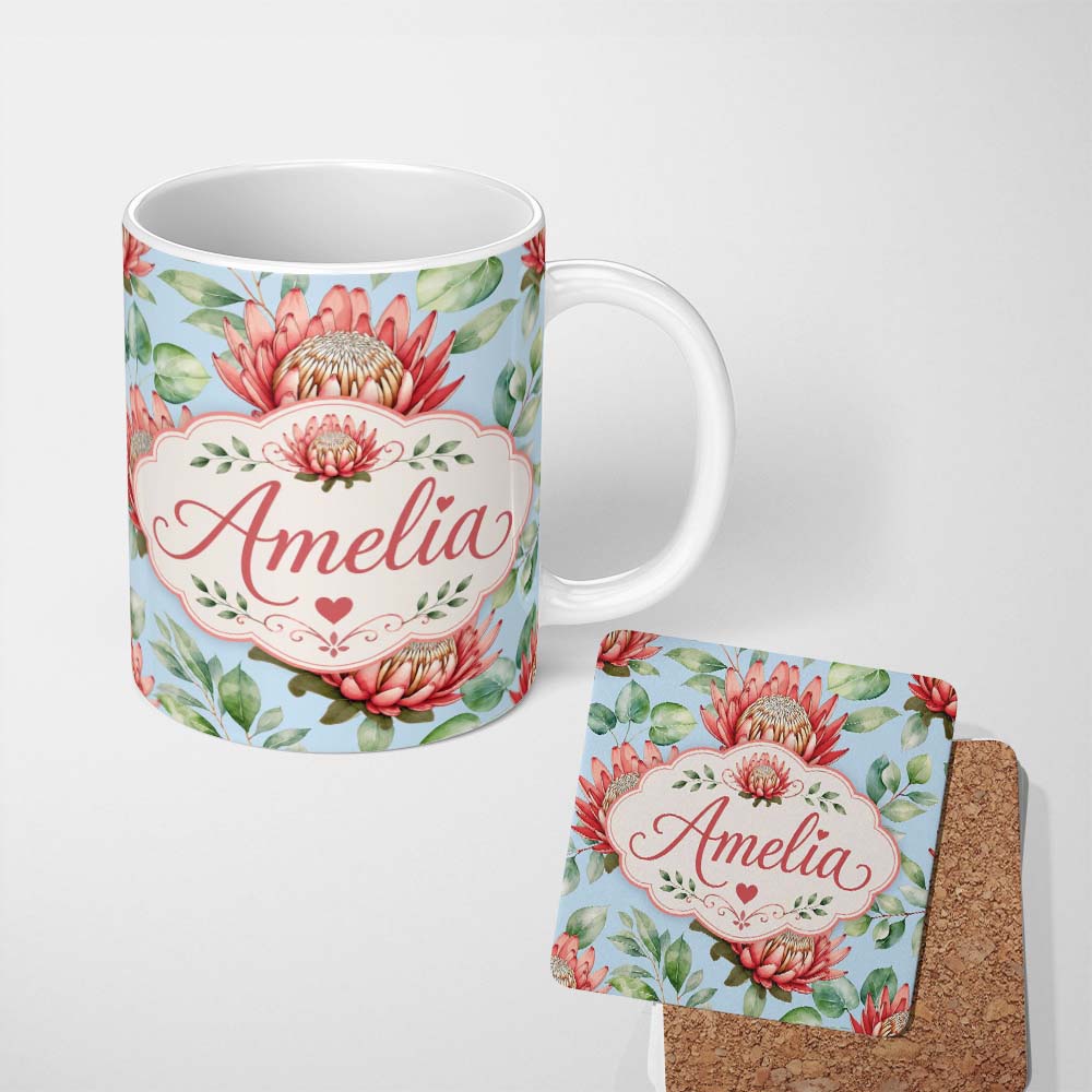 Personalized Custom Name Protea Flower Botanical Illustration Seamless Pattern Neutral 11oz Ceramic Coffee Tea Mug White Large Handle