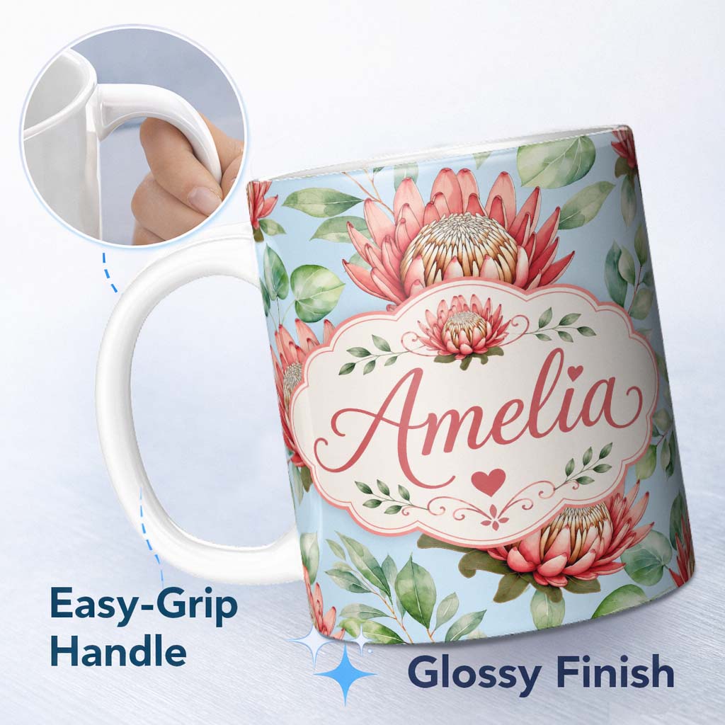 Personalized Custom Name Protea Flower Botanical Illustration Seamless Pattern Neutral 11oz Ceramic Coffee Tea Mug White Large Handle