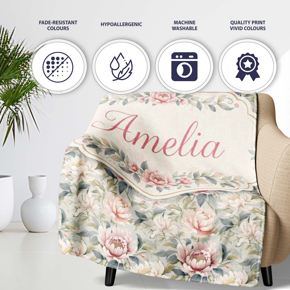 Soft Pastel Peony Floral Garden Seamless Pattern Cute Unique Gift Personalised Custom Name Super Soft Fleece Blanket Bed Sofa Throw