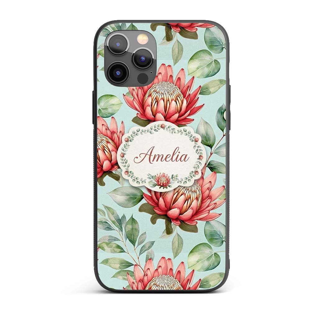 Protea Flower Botanical Illustration Seamless Custom Name Protective Phone Case Mobile Cover Durable Everyday Smartphone Shock Resistant