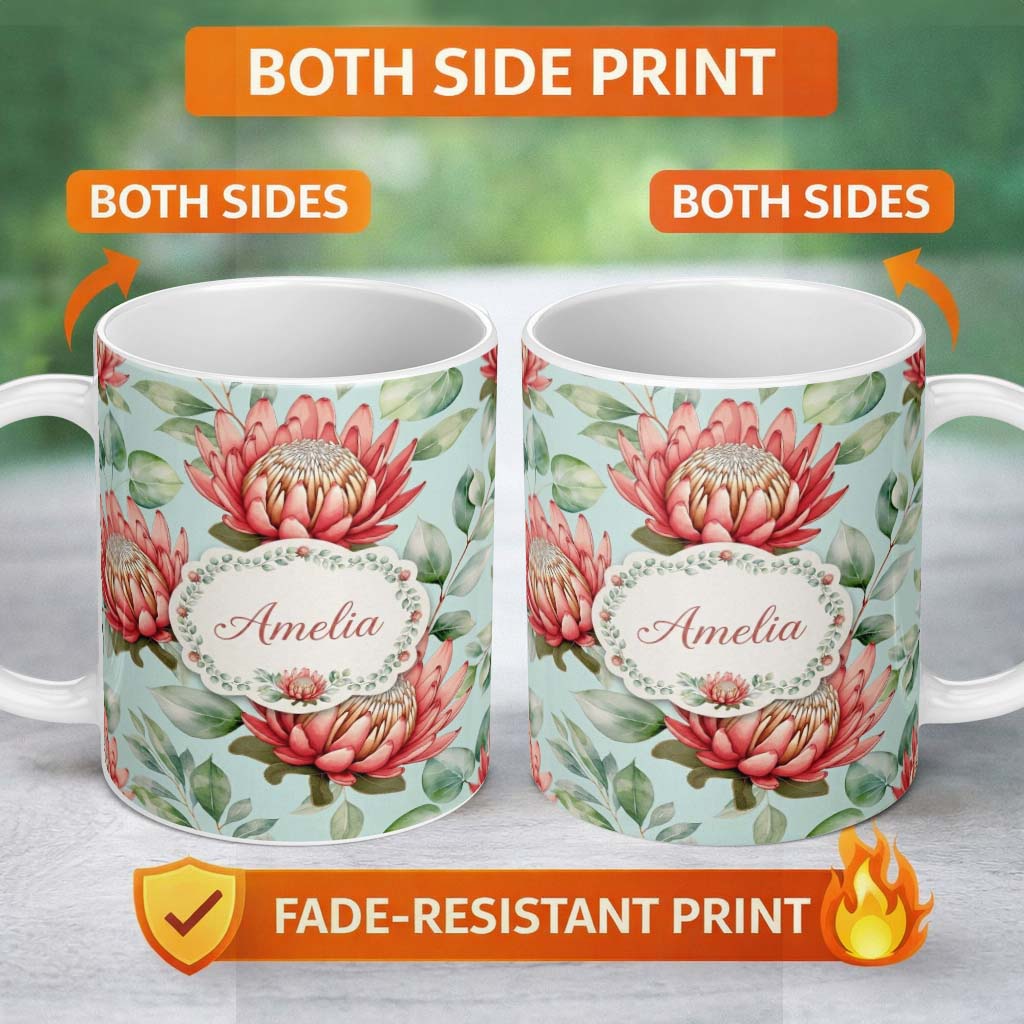 Personalized Custom Name Protea Flower Botanical Illustration Seamless Pattern Pastel 11oz Ceramic Coffee Tea Mug White Large Handle
