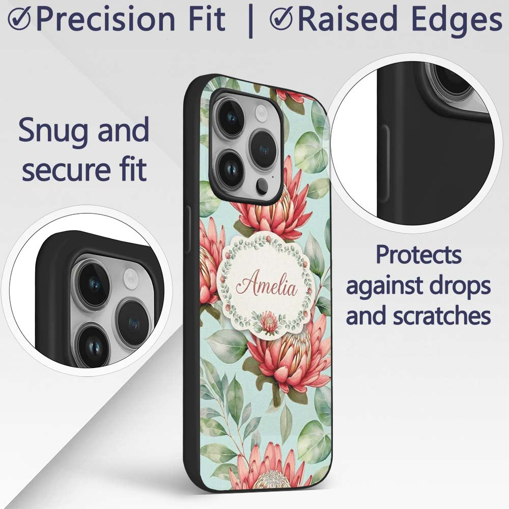 Protea Flower Botanical Illustration Seamless Custom Name Protective Phone Case Mobile Cover Durable Everyday Smartphone Shock Resistant
