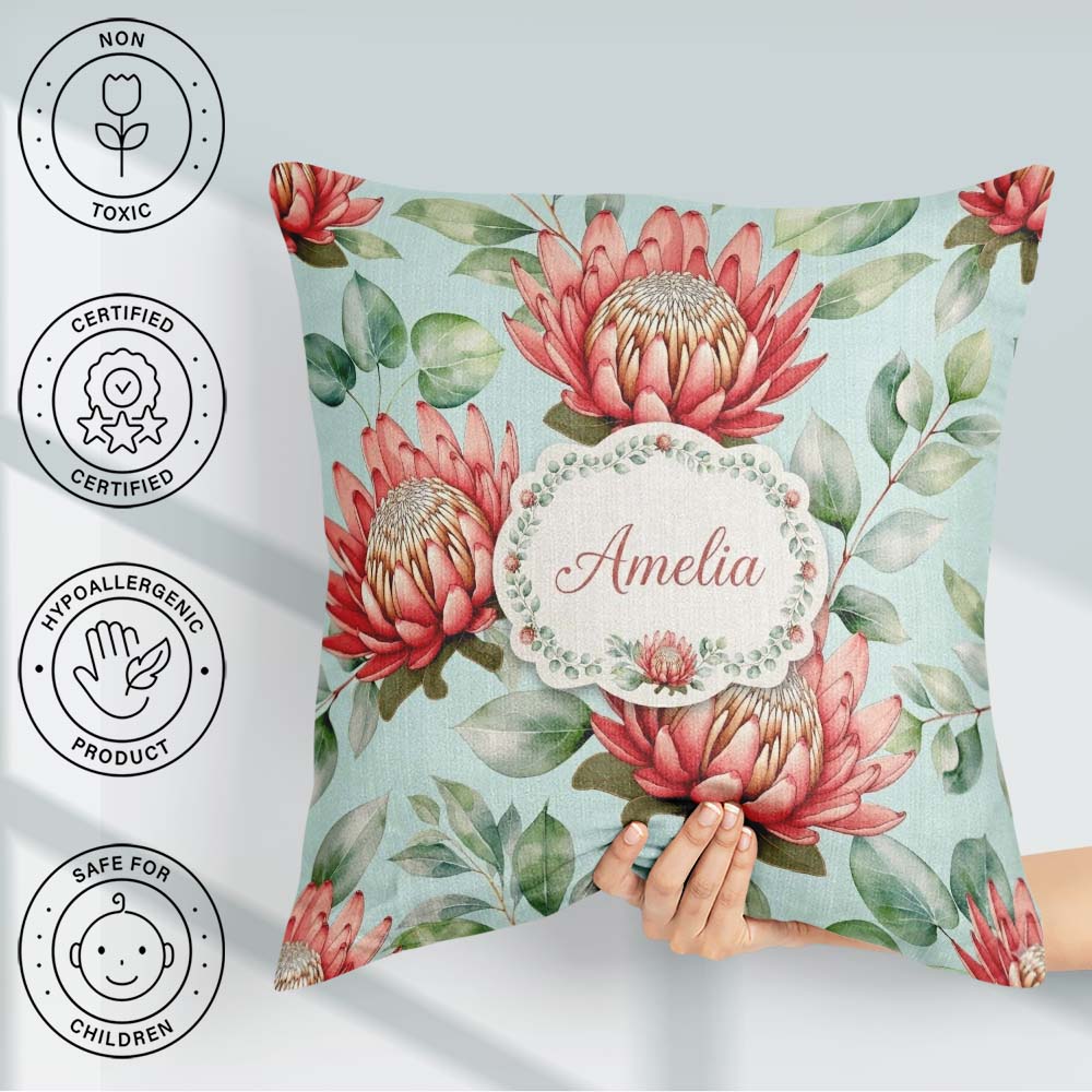 Custom Name Protea Flower Botanical Illustration Seamless Pastel Square Filled Cushion Throw Pillow Sofa Bed Home Decor Zip Washable UK Made