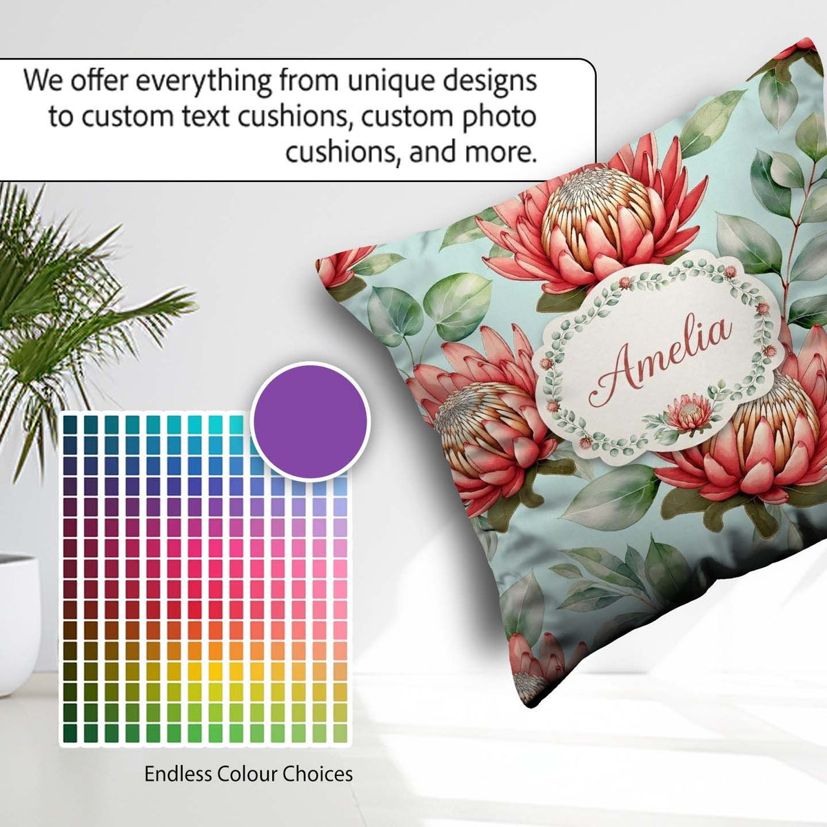 Custom Name Protea Flower Botanical Illustration Seamless Pastel Square Filled Cushion Throw Pillow Sofa Bed Home Decor Zip Washable UK Made