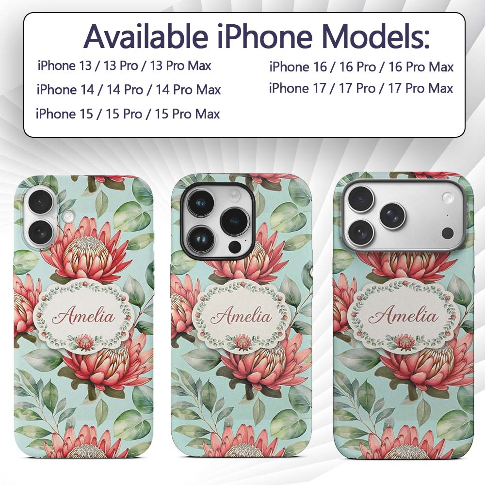 Protea Flower Botanical Illustration Seamless Custom Name Protective Phone Case Mobile Cover Durable Everyday Smartphone Shock Resistant