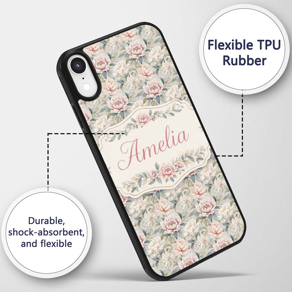 Soft Pastel Peony Floral Garden Seamless Pattern Custom Name Protective Phone Case Mobile Cover Durable Everyday Smartphone Shock Resistant