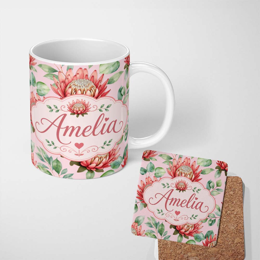 Personalized Custom Name Elegant Protea Flower Pink Botanical Seamless Pattern Art Nature 11oz Ceramic Coffee Tea Mug White Large Handle