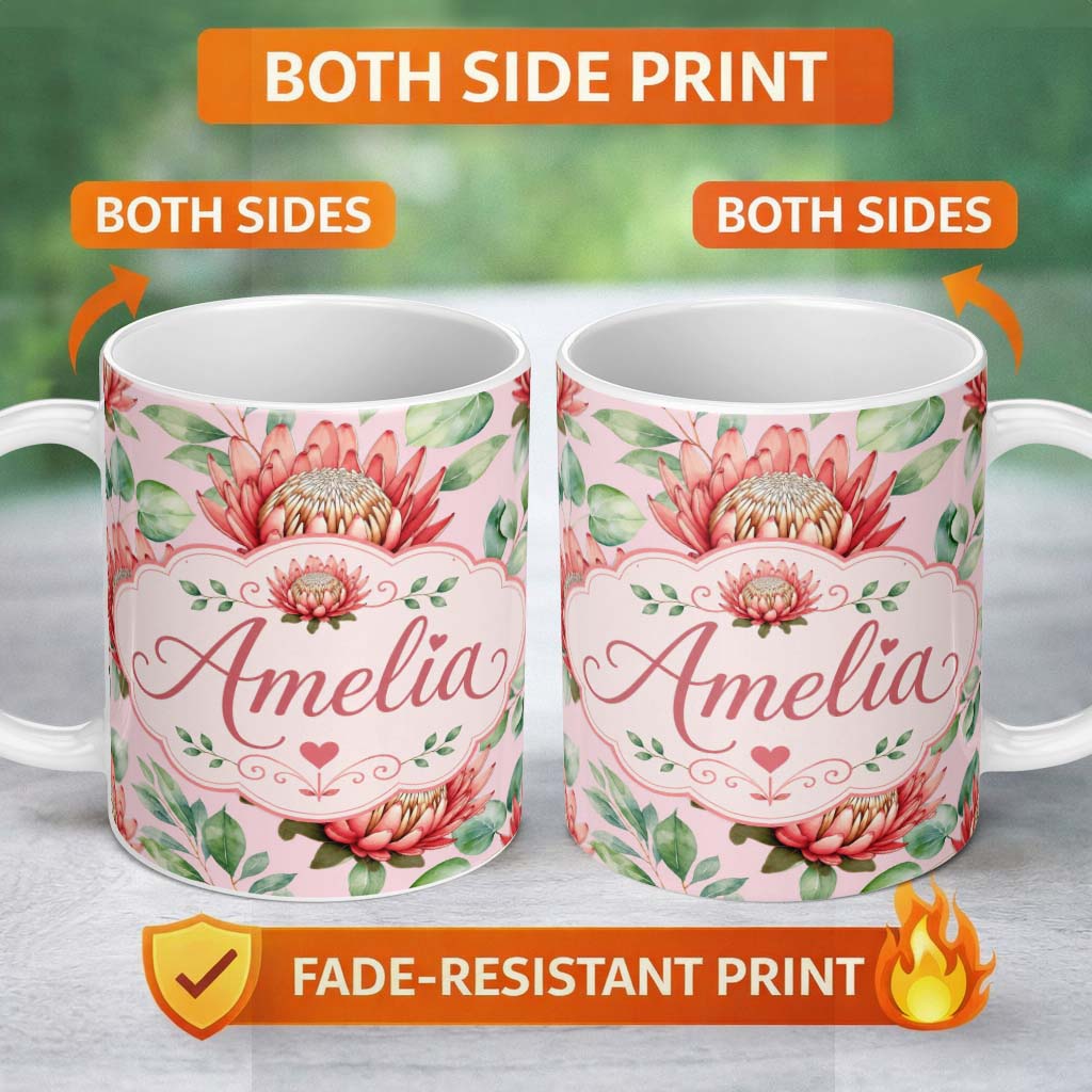 Personalized Custom Name Elegant Protea Flower Pink Botanical Seamless Pattern Art Nature 11oz Ceramic Coffee Tea Mug White Large Handle